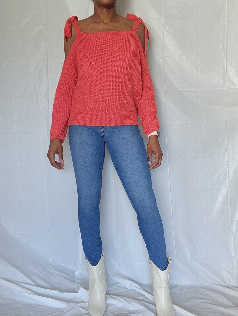 Coral Cold Shoulder Tie Strap Knit Sweater